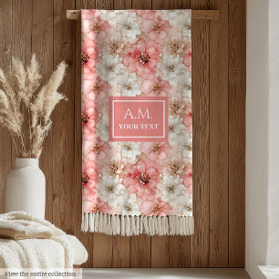 Aerial Pink and Gold Modern Ink Flowers Monogram Fleece Blanket