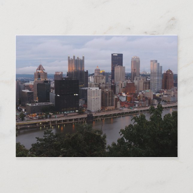Aerial Pittsburgh Skyline at sunset Postcard (Front)