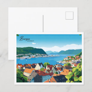 Aerial View Bergen Norway Illustration Travel Postcard