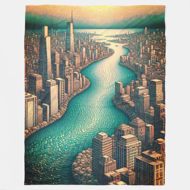 “Aerial View: Cityscape with Wind-Rippled River” Fleece Blanket (Front)