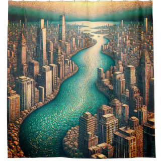 “Aerial View: Cityscape with Wind-Rippled River” Shower Curtain