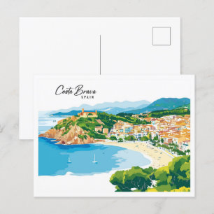Aerial View Costa Brava Spain Art Illustration Postcard