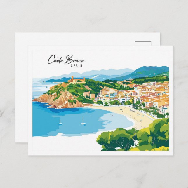 Aerial View Costa Brava Spain Art Illustration Postcard (Front/Back)