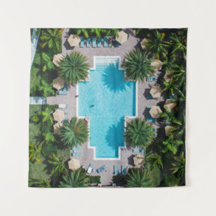 Aerial view of blue and white concrete building su tapestry