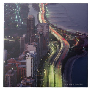 Aerial view of buildings along a highway in a ceramic tile