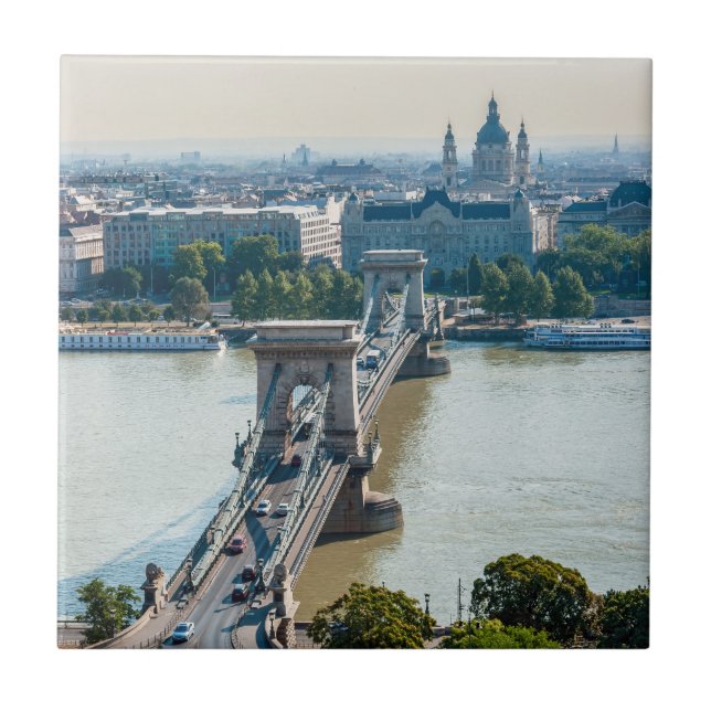 Aerial view of Chain Bridge - Budapest, Hungary Ceramic Tile (Front)