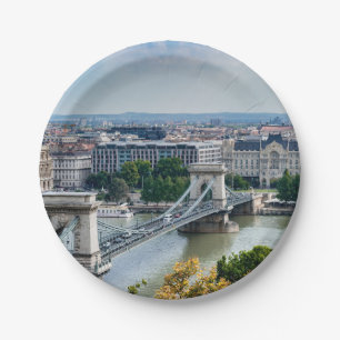 Aerial view of Chain Bridge in Budapest, Hungary Paper Plate