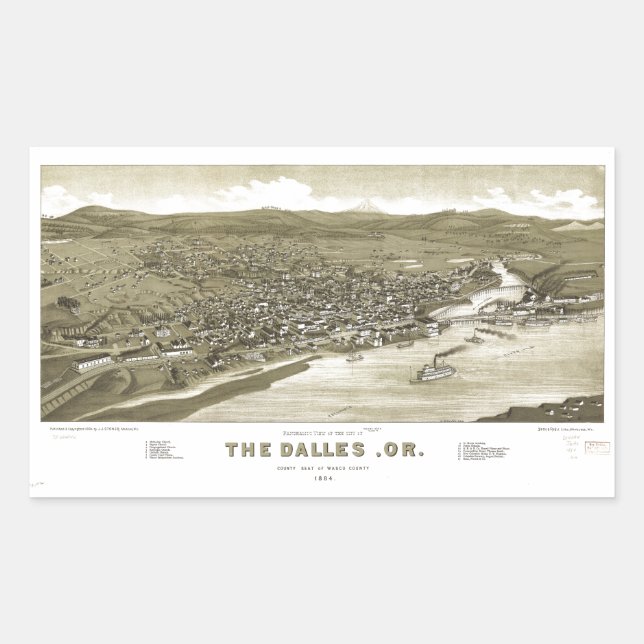 Aerial View of Dalles, Oregon (1884) Rectangular Sticker (Front)