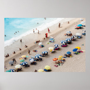 AERIAL VIEW OF PARASOLS AND PEOPLE NEAR BEACH POSTER