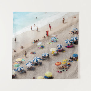 AERIAL VIEW OF PARASOLS AND PEOPLE NEAR BEACH TAPESTRY