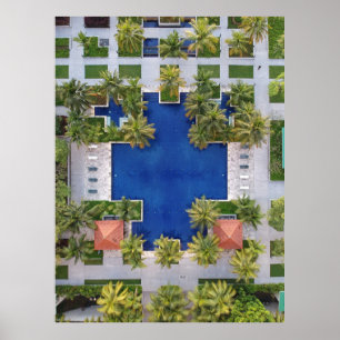 Aerial view of pool surrounded by palm trees poster
