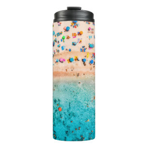 Aerial view of sandy beach with colorful umbrellas thermal tumbler