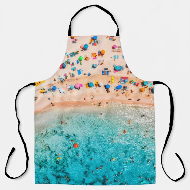 Aerial view of sandy beach with colourful umbrella apron (Front)