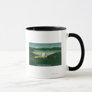 Aerial View of Shasta Dam, Lake, Mountain at Mug