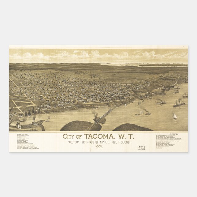 Aerial View of Tacoma, Washinton (1885) Rectangular Sticker (Front)