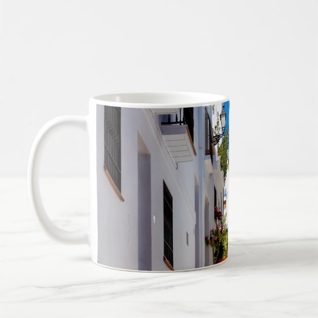Aerial view of white city Frigiliana in sunny day  Coffee Mug (Left)