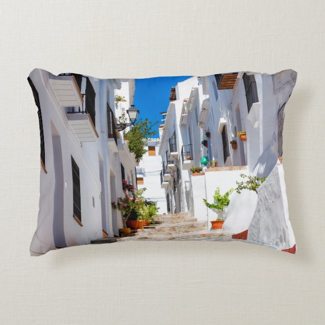 Aerial view of white city Frigiliana in sunny day  Decorative Cushion (Front)