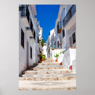 Aerial view of white city Frigiliana in sunny day  Poster