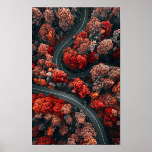 Aerial View of Winding Road Through Red Autumn For Poster