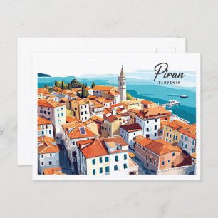 Aerial View Piran Slovenia Illustration Travel Postcard