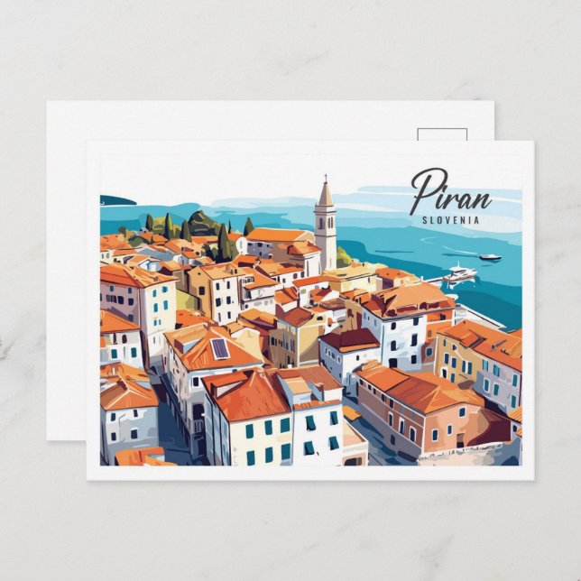 Aerial View Piran Slovenia Illustration Travel Postcard (Front/Back)