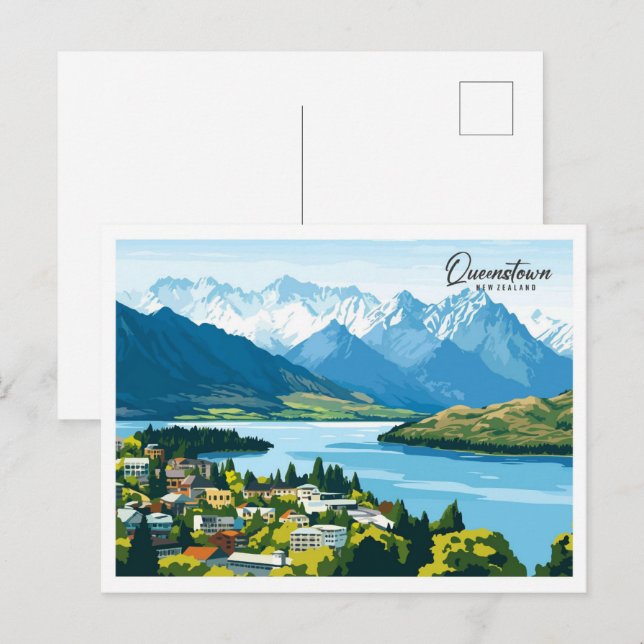 Aerial View Queenstown New Zealand Illustration Postcard (Front/Back)