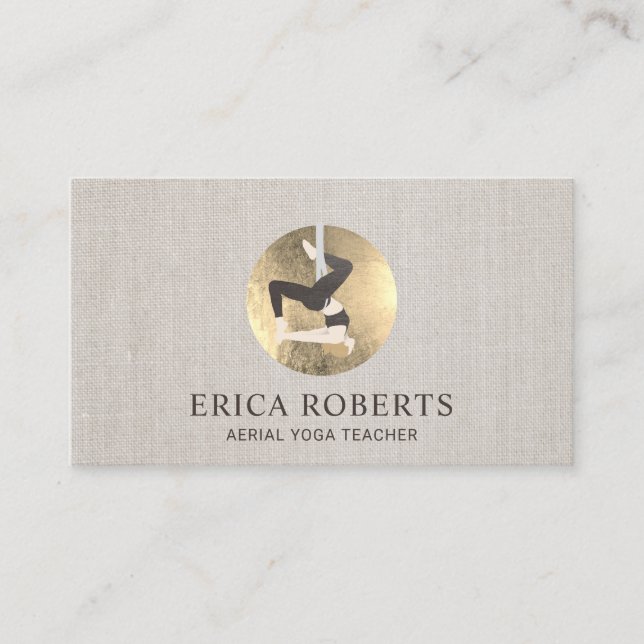 Aerial Yoga Instructor Gold Circle Elegant Linen Business Card (Front)