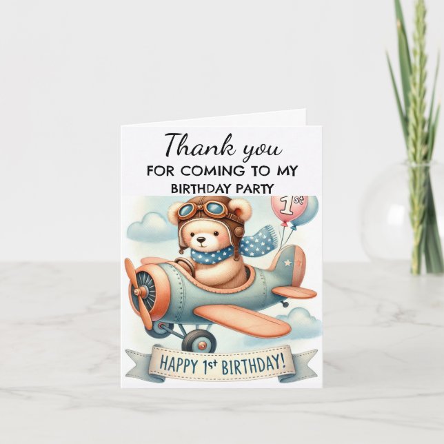 Aeroplane 1st Birthday Party Boy Cute Thank You Card (Front)