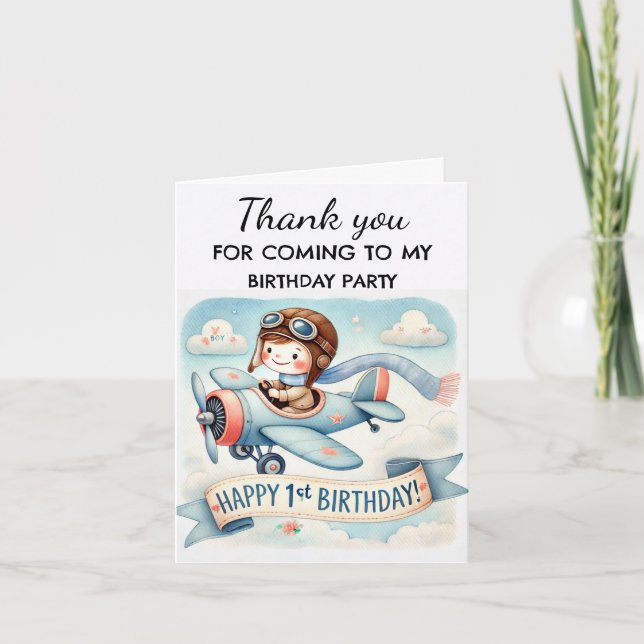 Aeroplane 1st Birthday Party Boy Cute Thank You Card (Front)