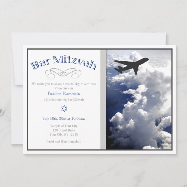 Aeroplane Above the Clouds Bar Mitzvah Invitations (Front)