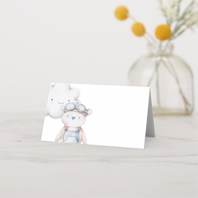 Aeroplane and Teddy Bear Baby Shower or Birthday Place Card (Front)