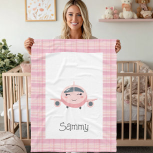 Aeroplane Baby Girl Pink Grey Cute Baby Shower  Fleece Blanket
