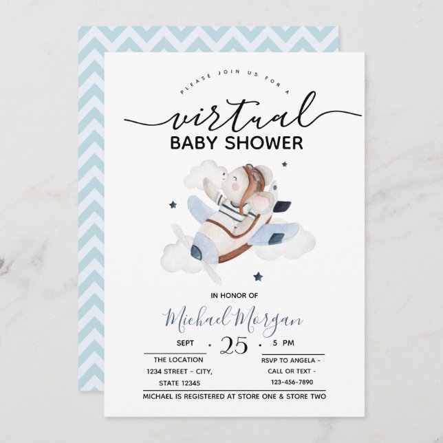 Aeroplane Baby Mouse  Zigzag Virtual Baby Shower Invitation (Front/Back)