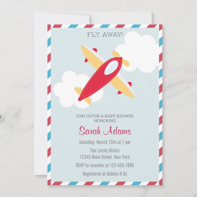 Aeroplane Baby Shower Invitation Blue Red (Front)
