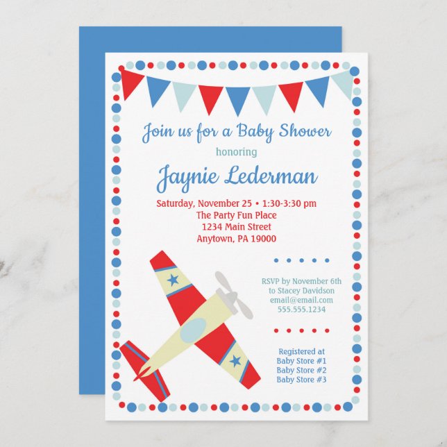 Aeroplane Baby Shower Invitation Boy Baby (Front/Back)