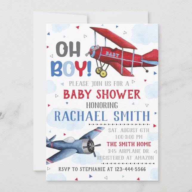 Aeroplane Baby Shower Invitation, Boy Baby Shower Invitation (Front)