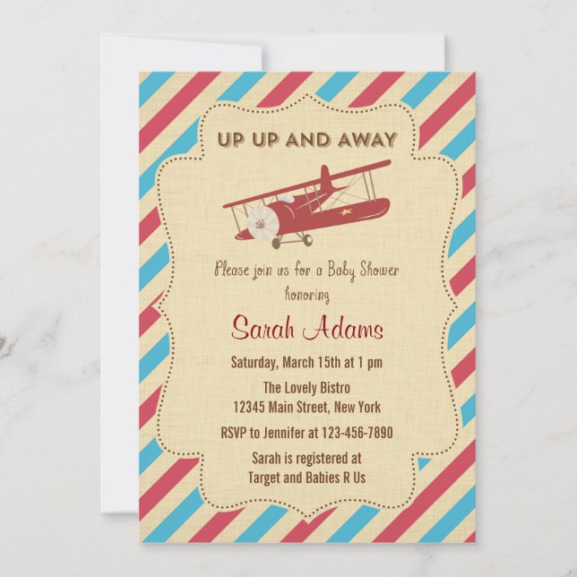 Aeroplane Baby Shower Invitation Red and Blue (Front)