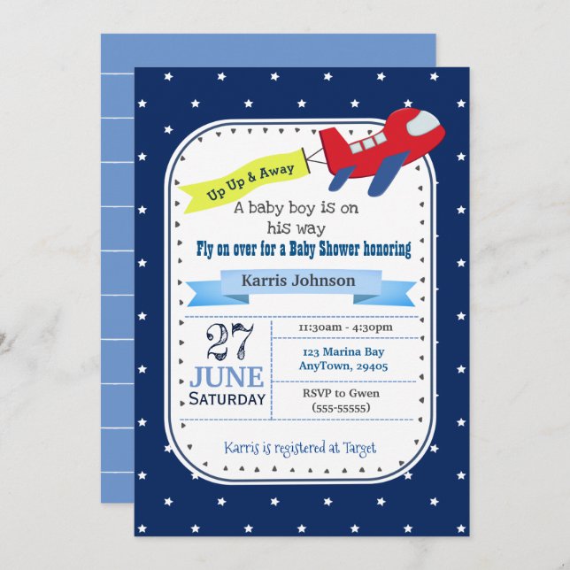 Aeroplane Baby Shower Invitation Red and Navy Blue (Front/Back)