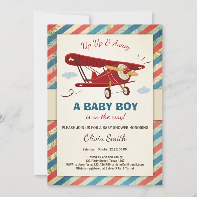 Aeroplane Baby Shower Invitation Travel Adventure (Front)