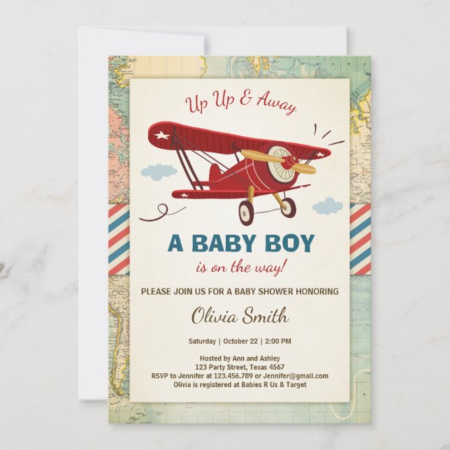 Aeroplane Baby Shower Invitation Travel Adventure (Front)
