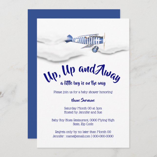 Aeroplane baby shower vintage travel boys blue invitation (Front/Back)