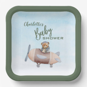 Aeroplane Bear Pilot Baby Shower Paper Plate