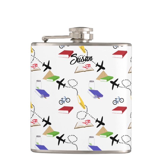 Aeroplane Bicycle Book Red Yellow Blue White Hip Flask (Front)