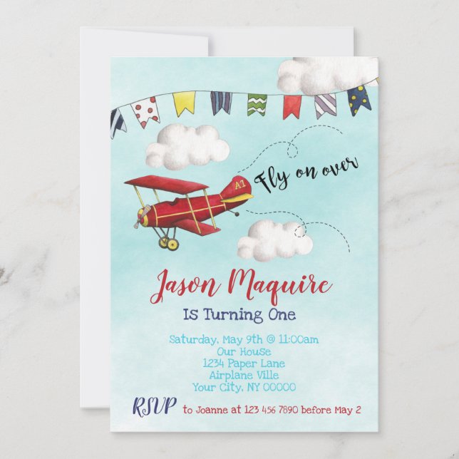Aeroplane Birthday Invitation for 1st Birthday Boy (Front)