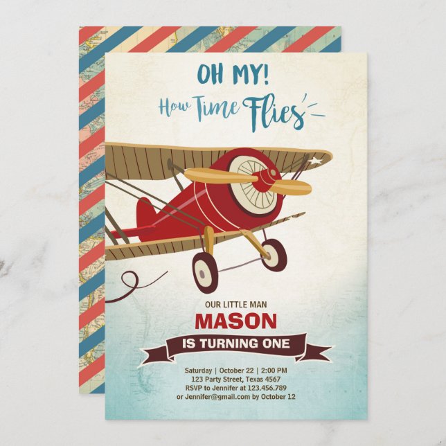 Aeroplane Birthday Invitation Time flies Plane Boy (Front/Back)