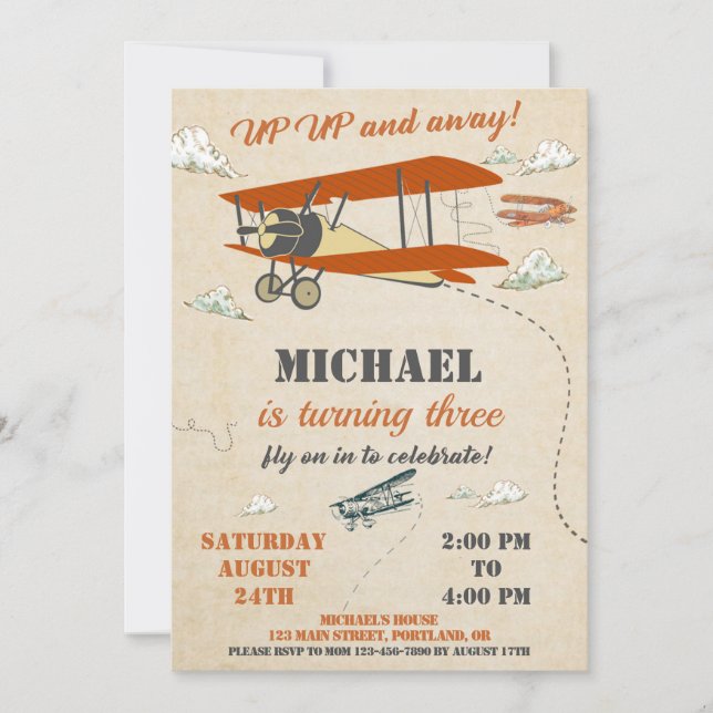 Aeroplane birthday invitation Up up and away invit (Front)