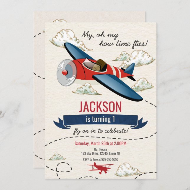 Aeroplane Birthday Invitation Vintage Time Flies (Front/Back)