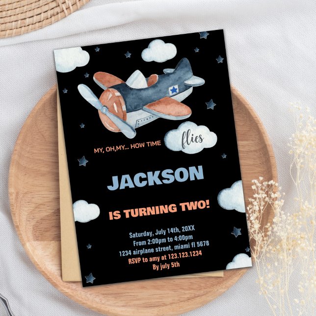 Aeroplane Birthday Invitations 2nd Blue Black BK (Airplane Birthday Invitations 2nd Blue Black BK)