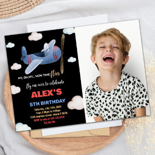 Aeroplane Birthday Invitations Black Blue w Photo