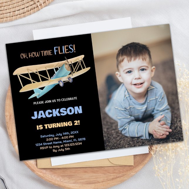 Aeroplane Birthday Invitations Black Blue w Photo (Airplane Birthday Invitations Black Blue w Photo)